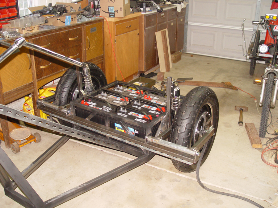 Photo of rear suspension on electric chopper trike